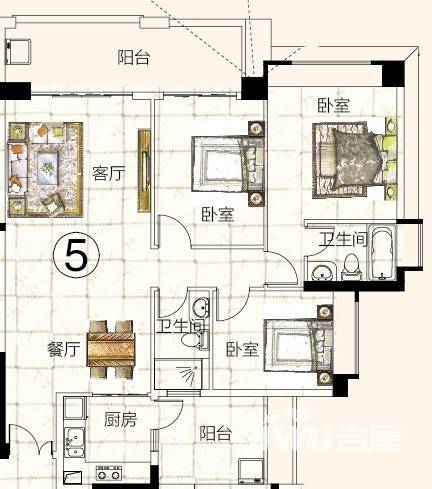 富力金港城3室2厅1卫126.8㎡户型图