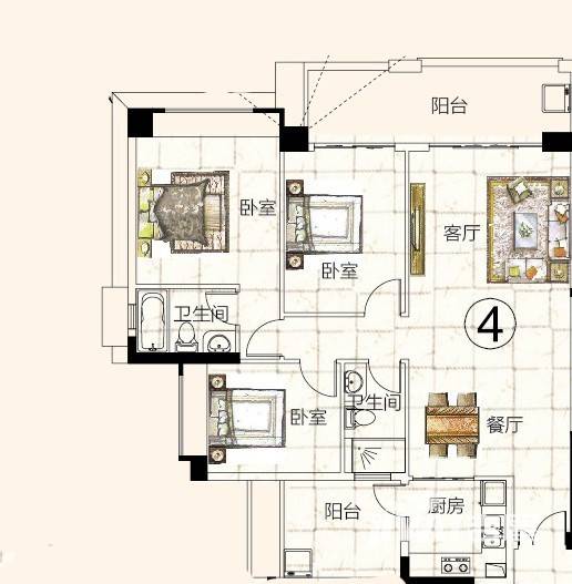 富力金港城3室2厅1卫126.8㎡户型图