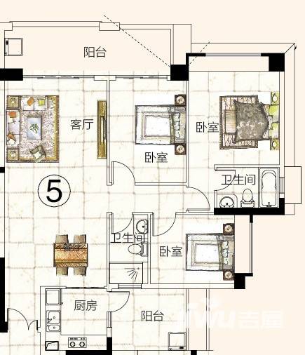 富力金港城3室2厅1卫127.1㎡户型图