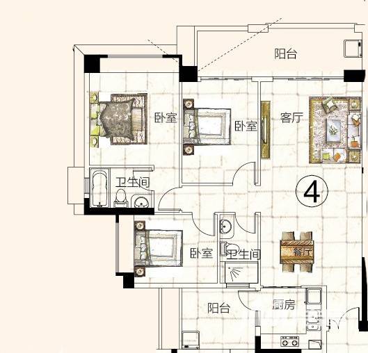 富力金港城3室2厅1卫127.1㎡户型图