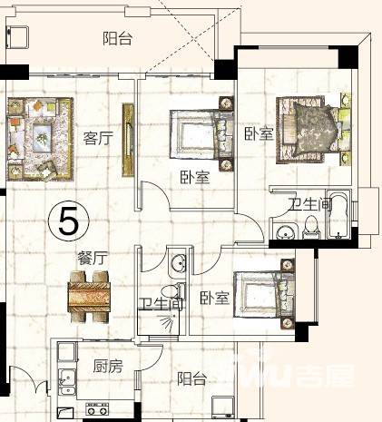 富力金港城3室2厅1卫127.1㎡户型图