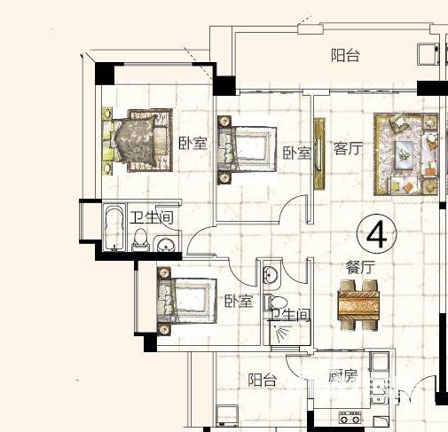 富力金港城3室2厅1卫127.1㎡户型图