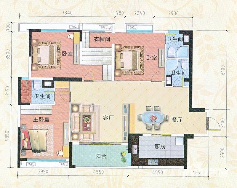 雅宝新城3室2厅3卫155.3㎡户型图