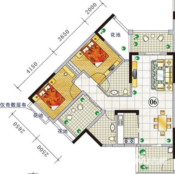 豪利花园豪利花园户型图 豪景阁 a栋2-13层06单位 北向 96.37㎡