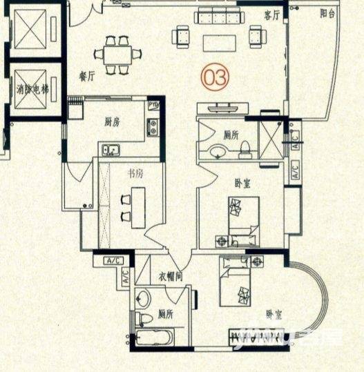 罗马家园3室2厅2卫144㎡户型图