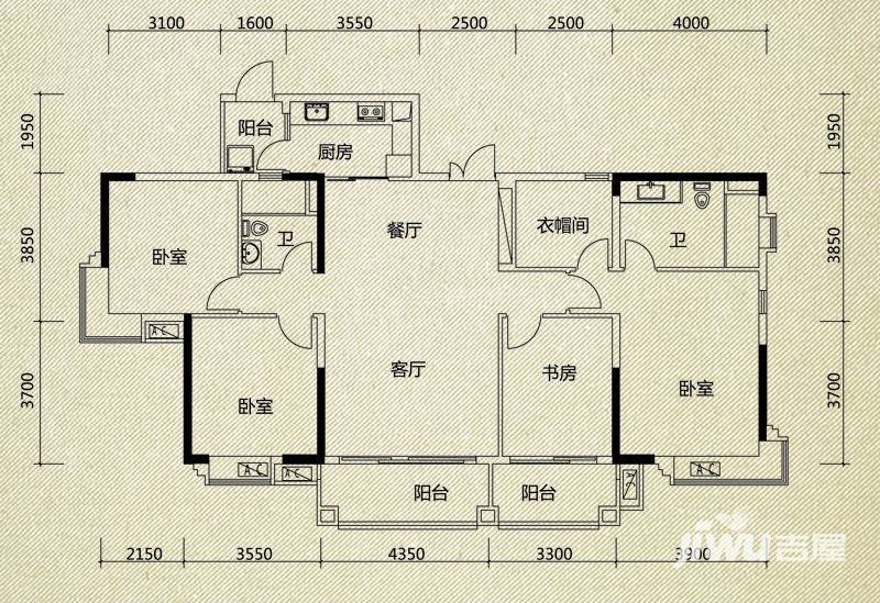 翡翠绿洲户型图 m型6-13栋标准层01单元 164㎡