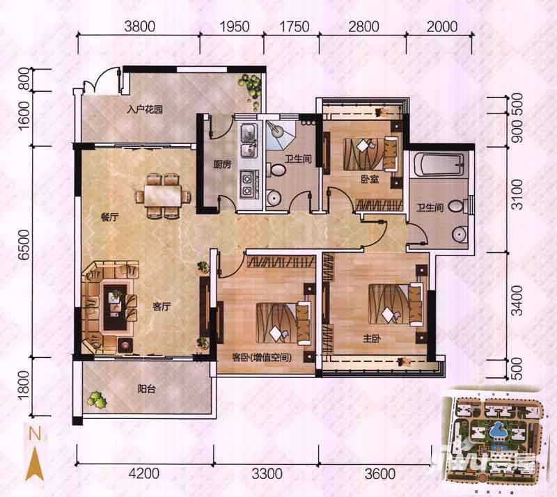 深航御花园3室2厅2卫105㎡户型图