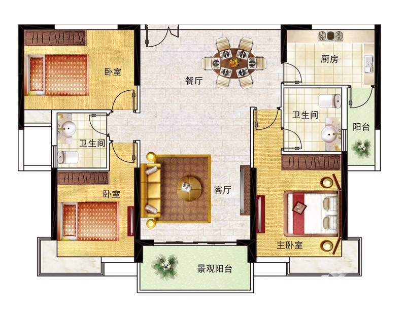 狮峰公馆3室2厅2卫129㎡户型图