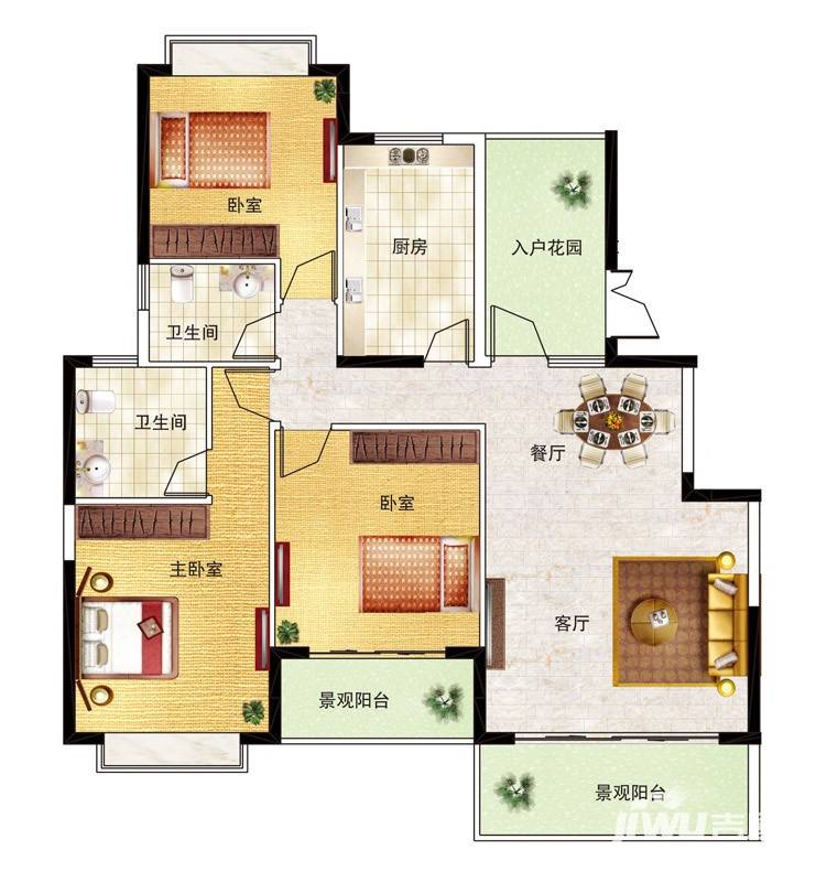 狮峰公馆3室2厅2卫130㎡户型图