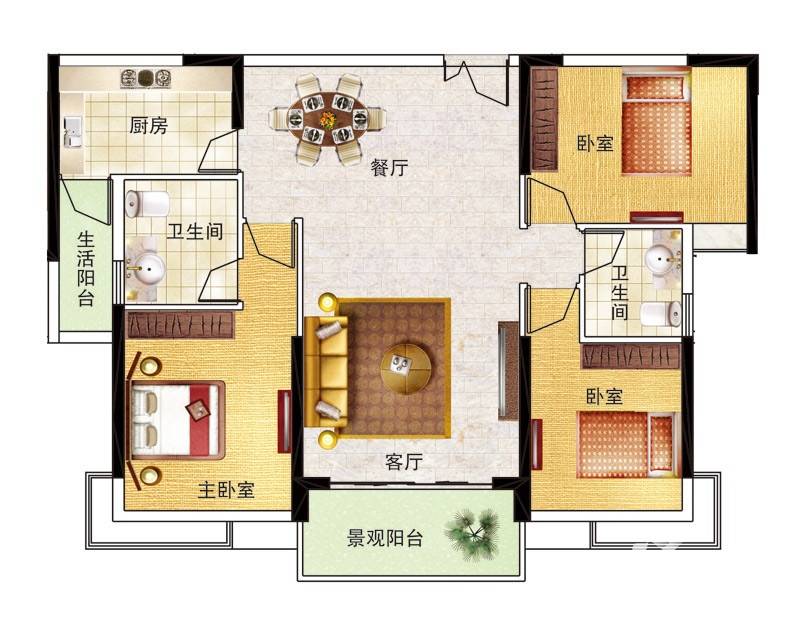 狮峰公馆3室2厅2卫129㎡户型图