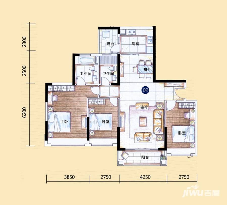 敏捷·金月湾3室2厅2卫128㎡户型图