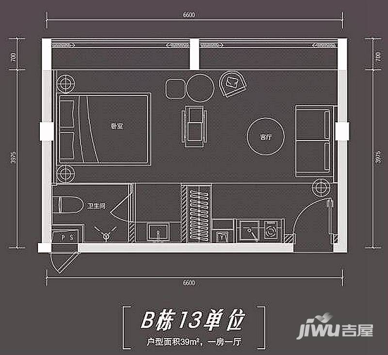 江山国际1室1厅1卫39㎡户型图