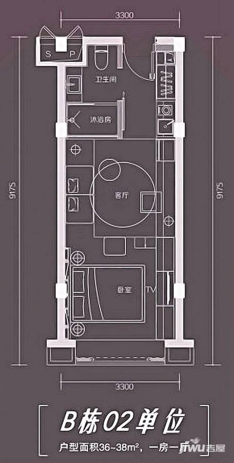 江山国际1室1厅1卫38㎡户型图