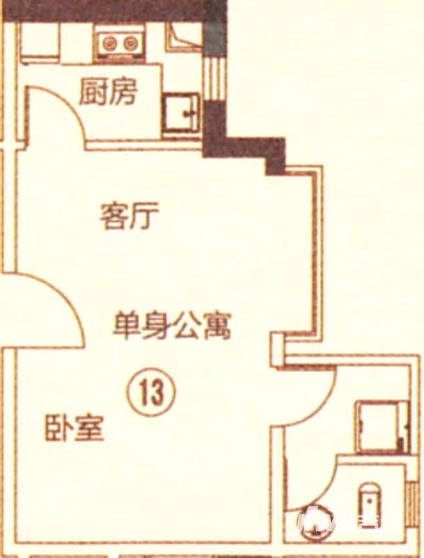 新都盛世名门1室1厅1卫47㎡户型图