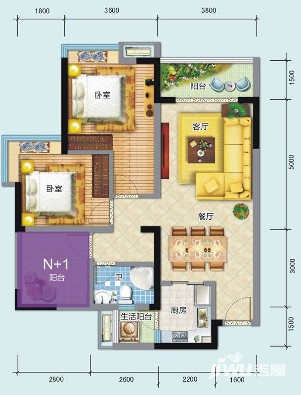 南沙境界别墅3室2厅1卫97㎡户型图