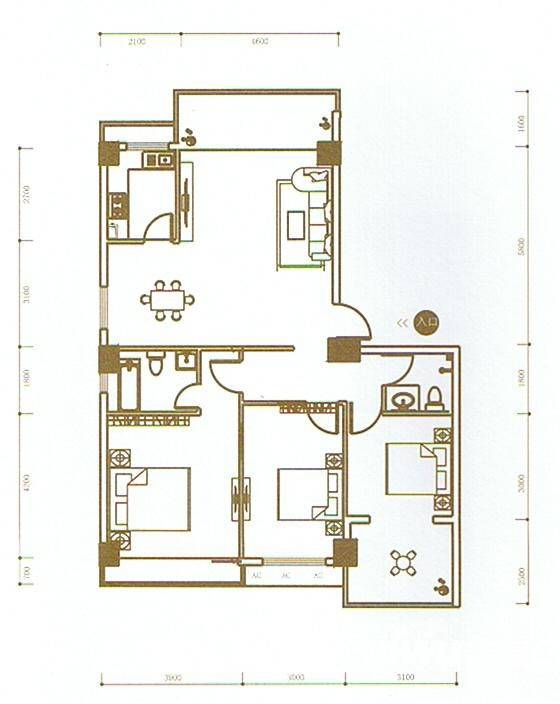 港城国际豪庭3室2厅2卫128㎡户型图