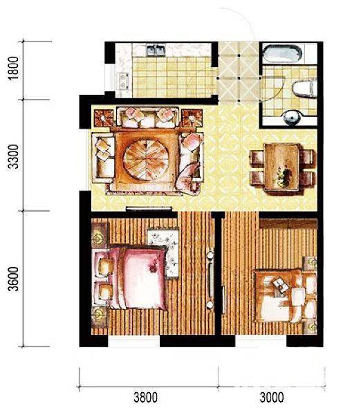 宝地铭郡2室2厅1卫74.4㎡户型图