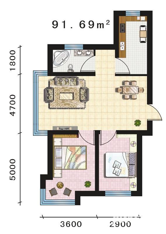 幸福阳光2室2厅1卫91.7㎡户型图