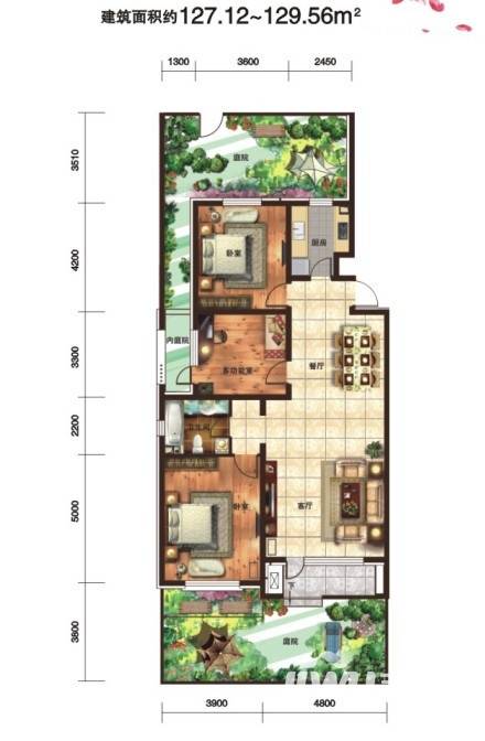 城建逸品假日3室2厅1卫127.1㎡户型图