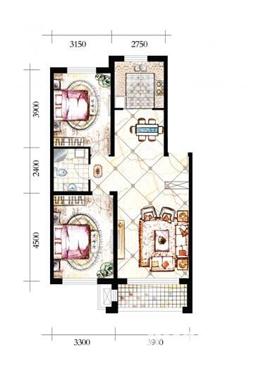 中金·启城2室2厅1卫86㎡户型图