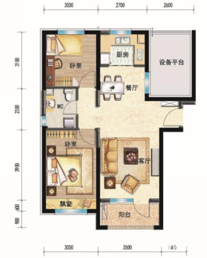 碧桂园学府壹号2室2厅1卫83㎡户型图