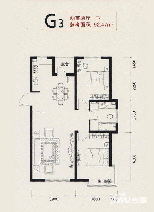 里仁居润尚枫庭2室2厅1卫92.5㎡户型图