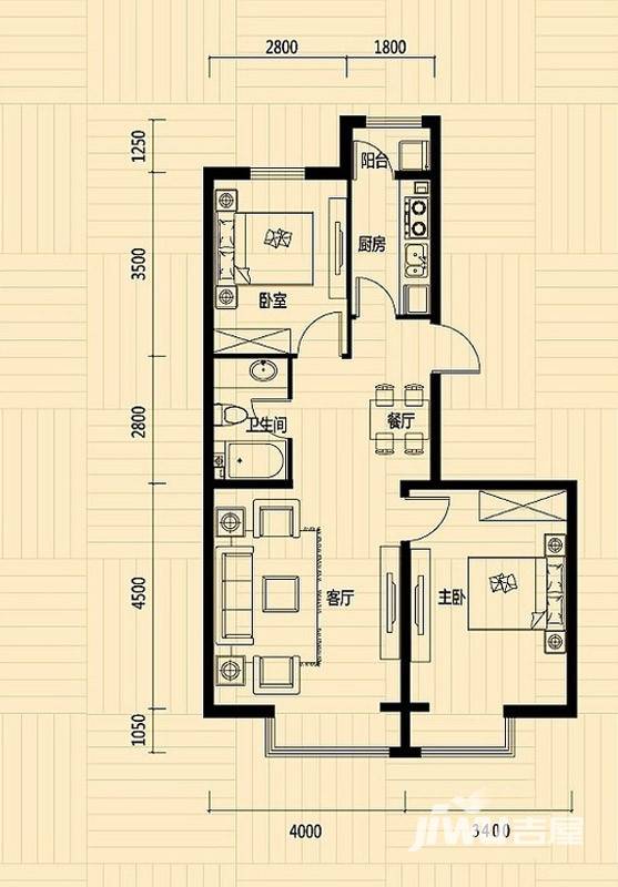 里仁居润城佳园2室2厅1卫79.6㎡户型图