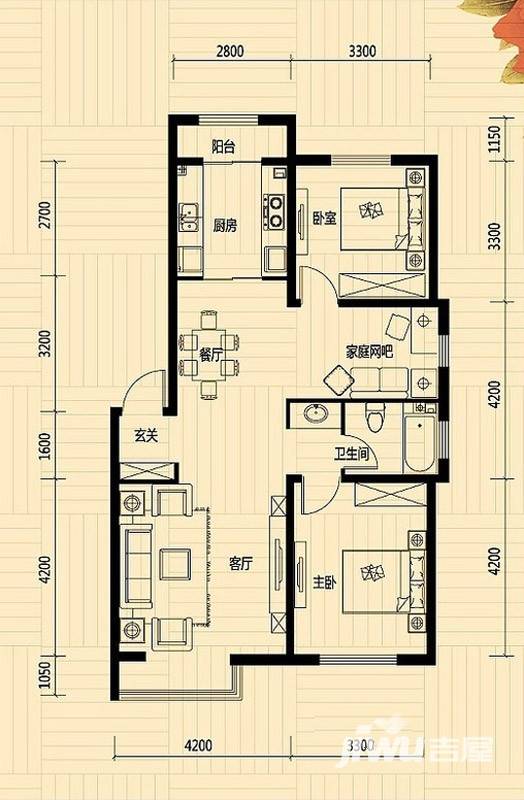 里仁居润城佳园2室2厅1卫98.8㎡户型图