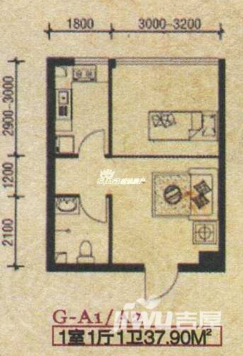 水印蓝庭1室1厅1卫37.9㎡户型图