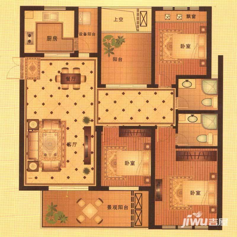 现代府邸3室2厅2卫120㎡户型图