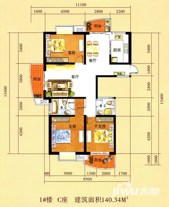 和平花苑3室2厅2卫140.3㎡户型图