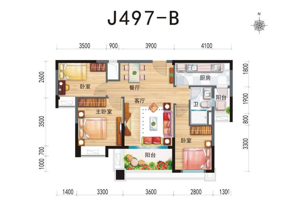 芜湖碧桂园户型图 j497-b户型 3室2厅1厨1卫 96㎡