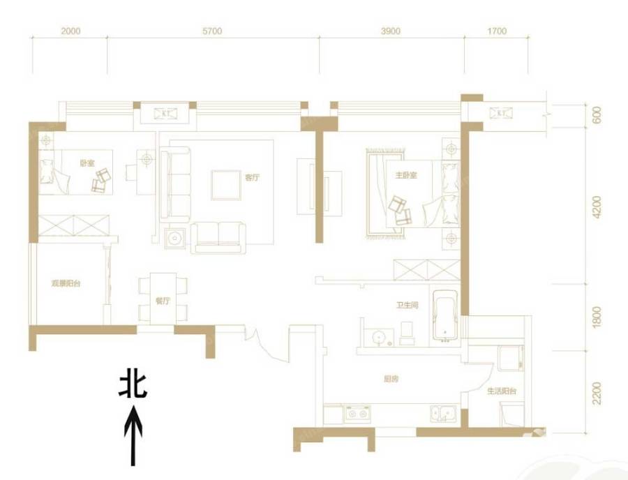 中渝香奈公馆2室2厅1卫户型图