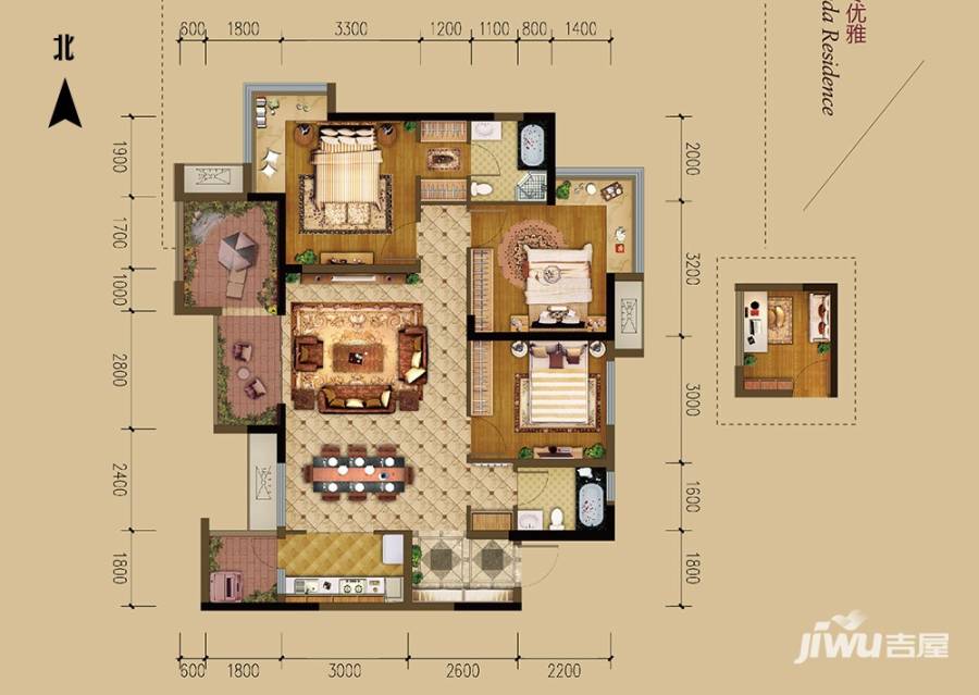 重庆巴南万达广场3室2厅2卫106㎡户型图