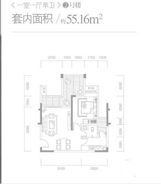 商社汇城品1室1厅1卫55.2㎡户型图