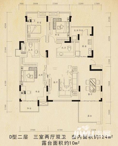 巨豪香溪美林3室2厅2卫124㎡户型图