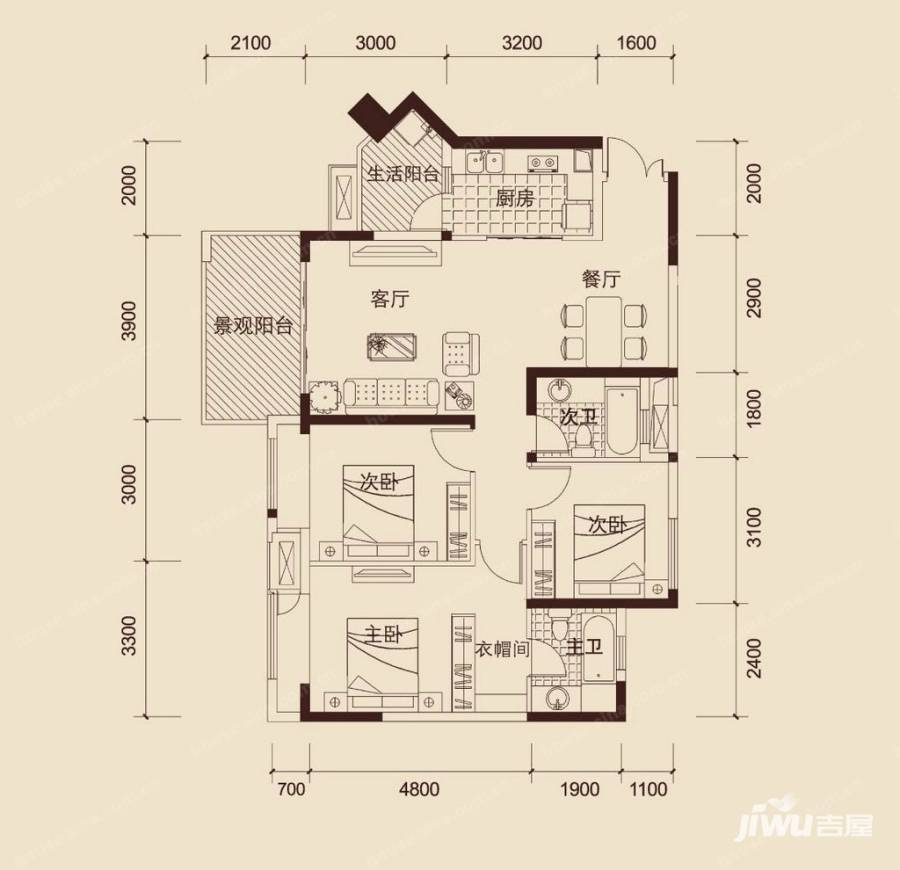 华润二十四城3室2厅2卫90㎡户型图