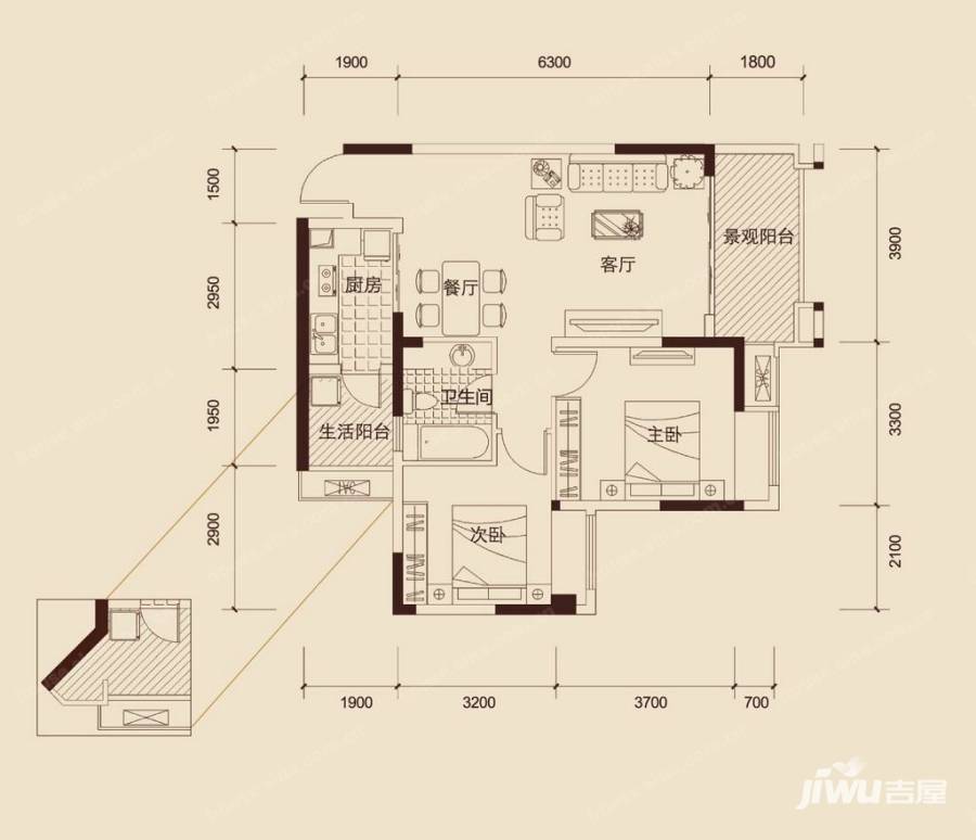 华润二十四城2室2厅1卫66㎡户型图