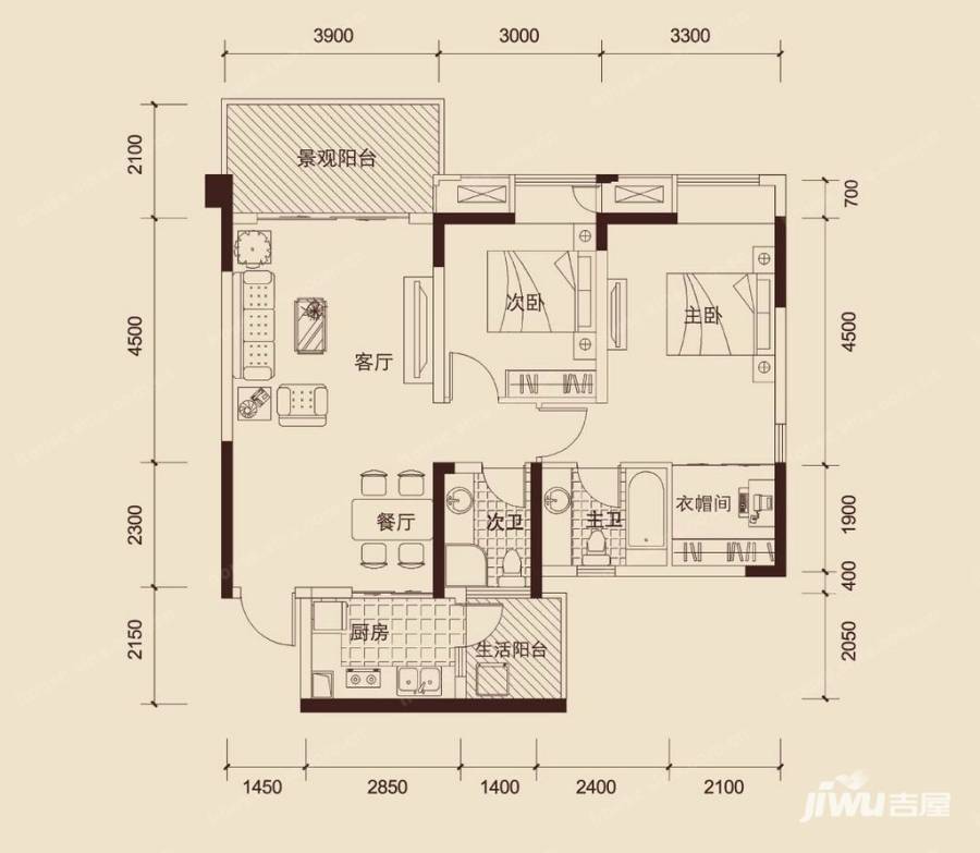 华润二十四城2室2厅2卫80㎡户型图