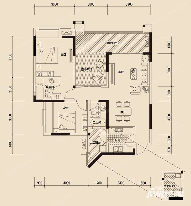 华润二十四城2室2厅2卫87㎡户型图