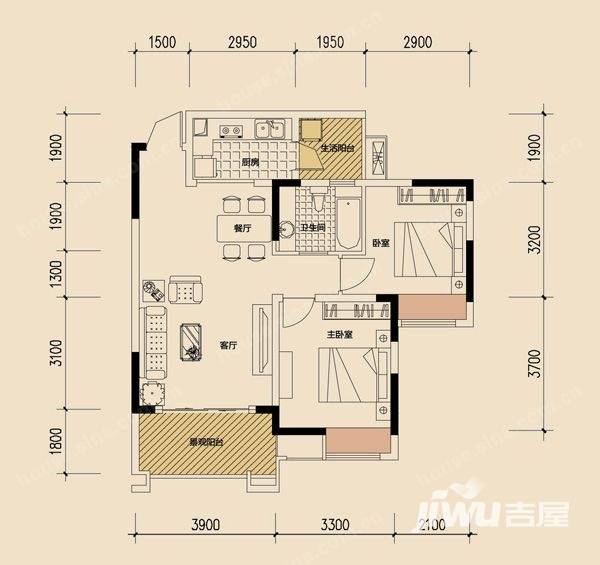 华润二十四城2室2厅2卫66㎡户型图