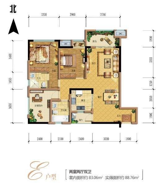 同景优活城2室2厅2卫83.1㎡户型图