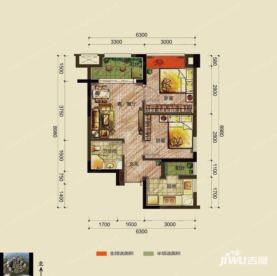 东原九城时光2室2厅1卫45㎡户型图