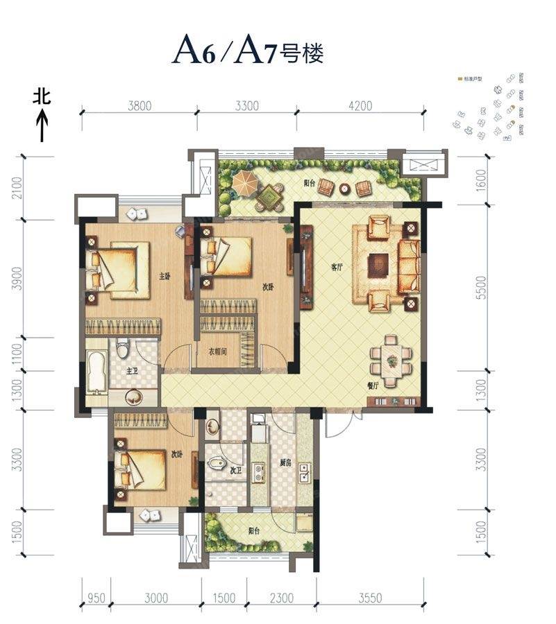 财信沙滨城市3室2厅2卫110.3㎡户型图