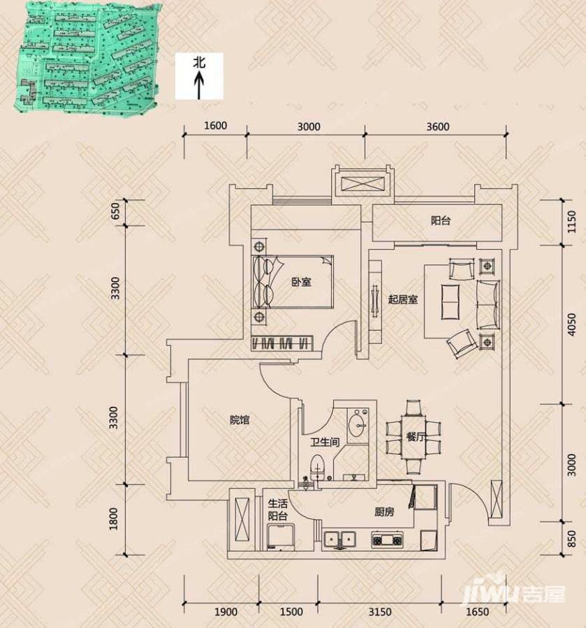 协信城立方1室2厅1卫53㎡户型图