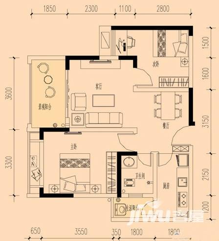 金鹏两江时光普通住宅59.6㎡户型图