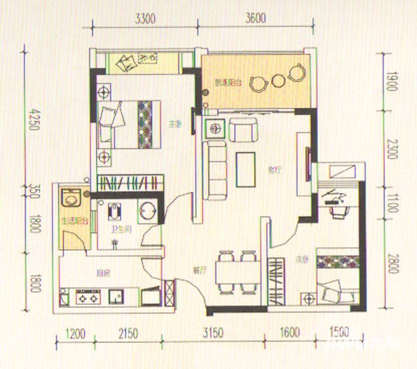 金鹏两江时光普通住宅59.8㎡户型图