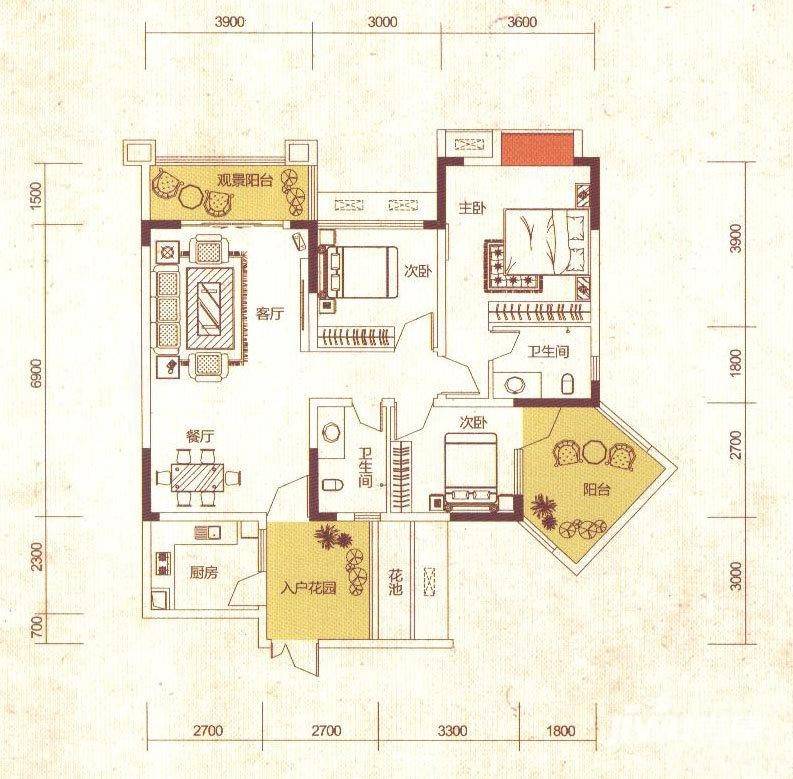 南方玫瑰城3室2厅2卫106.8㎡户型图