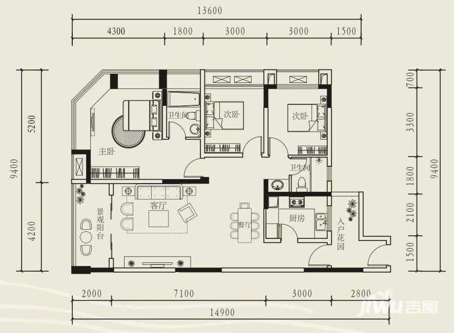 聚丰江山天下普通住宅89.3㎡户型图