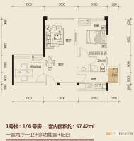 仁安龙城国际一期1室2厅1卫57.4㎡户型图